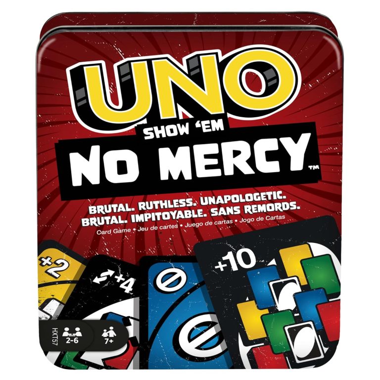 Mattel Games UNO Show ‘em No Mercy Card Game in Storage & Travel Tin for Kids, Adults & Family Night with Extra Cards, Special Rules & Tougher Penalties (Amazon Exclusive)