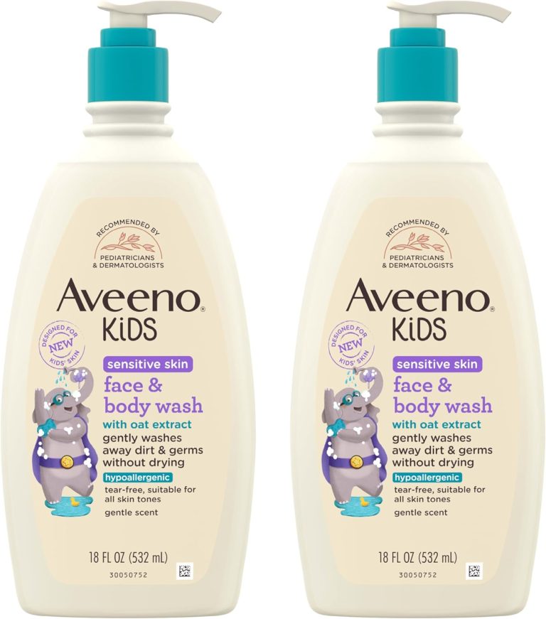 Aveeno Kids Sensitive Skin Face and Body Wash with Oat Extract, Gently Washes Away Dirt and Germs Without Drying, Tear-Free, Hypoallergenic Kids Body Wash, 18 fl. oz, 2 Pack