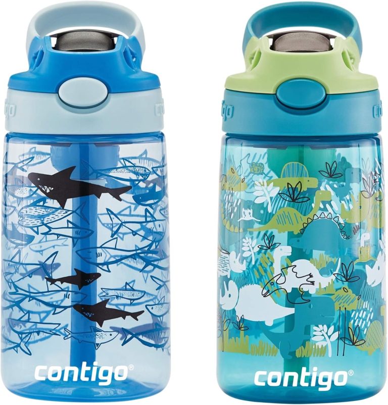 Contigo Aubrey Kids Dinos & Sharks, Cleanable Water Bottle with Silicone Straw, Spill-Proof Lid, Dishwasher Safe, 14oz, 2-Pack